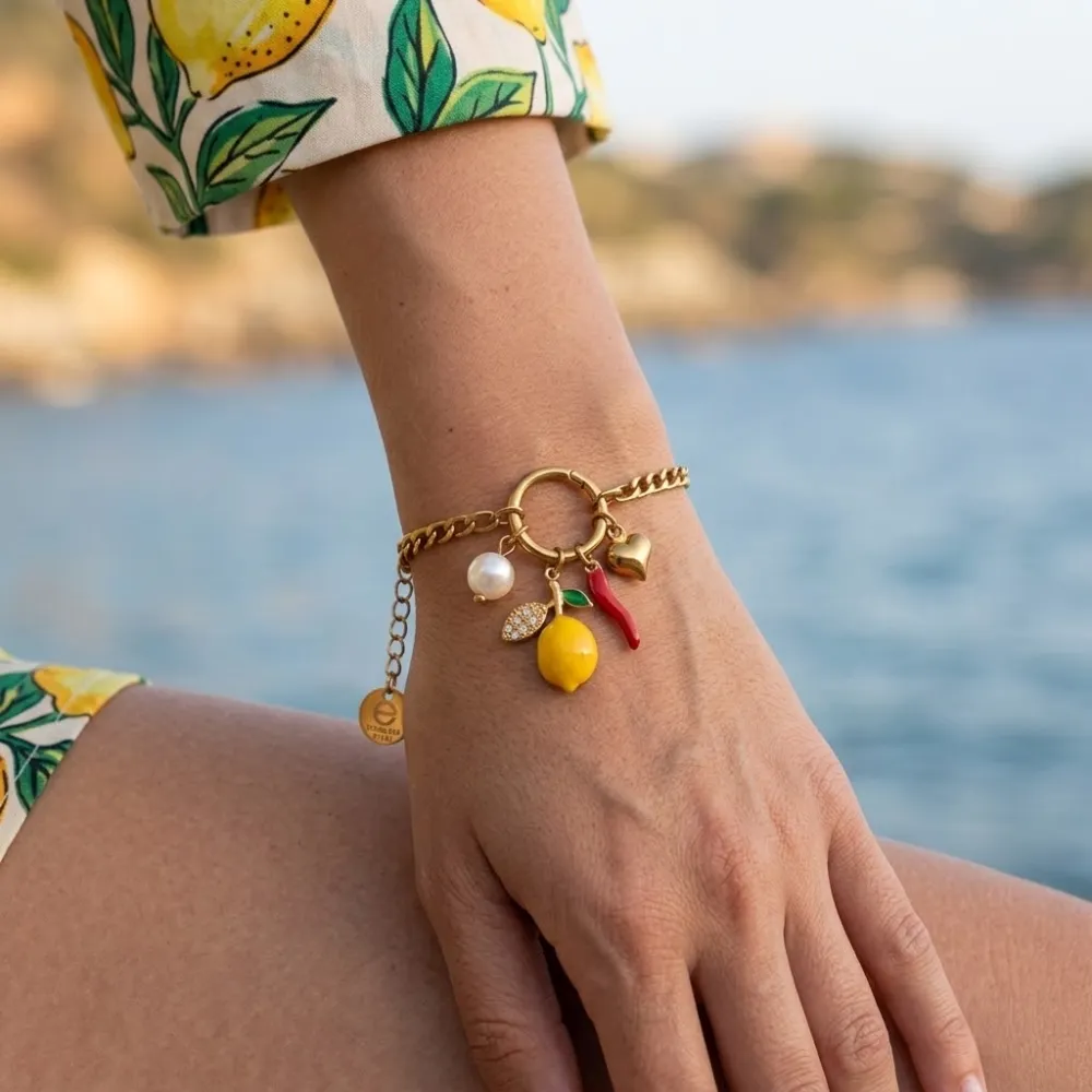 Limone, cornino, cuore, foglia, perla-Bracciale in Acciaio - BAC-103-AA7260B