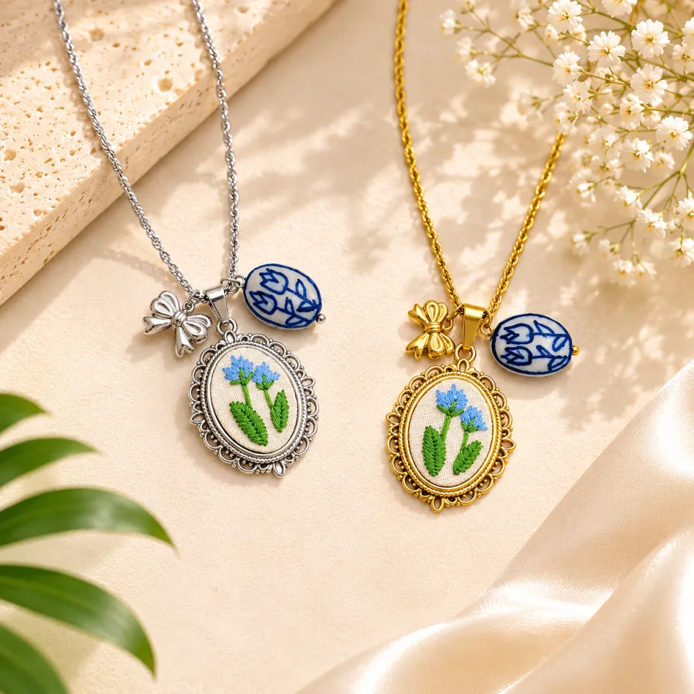 Fiore ricamato-Collana lunga in Acciaio - CL-413-3806