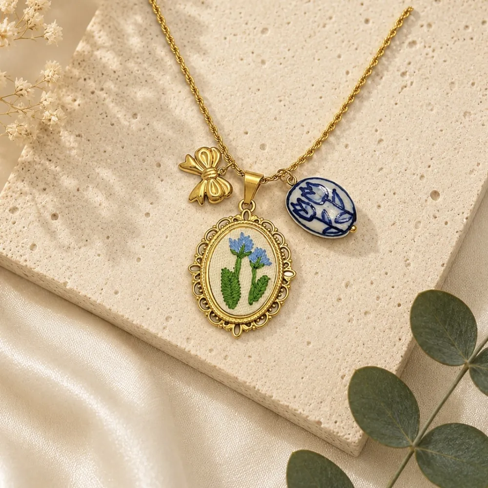 Fiore ricamato-Collana lunga in Acciaio - CL-413-3806