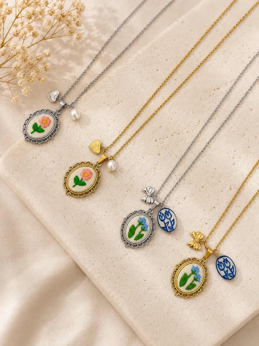 Fiore ricamato-Collana lunga in Acciaio - CL-413-3805