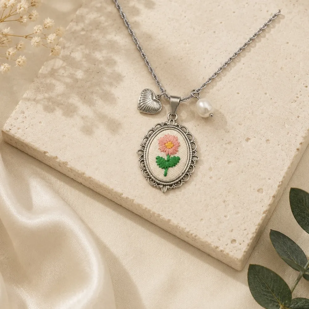 Fiore ricamato-Collana lunga in Acciaio - CL-413-3805