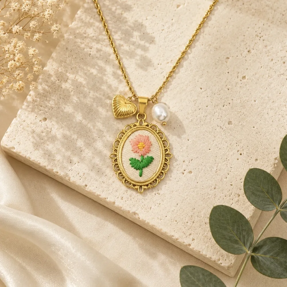 Fiore ricamato-Collana lunga in Acciaio - CL-413-3805