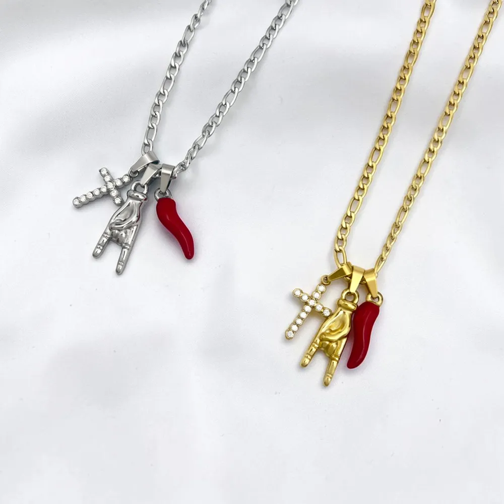 Croce, cornino-Collana corta in Acciaio - CL-413-3846