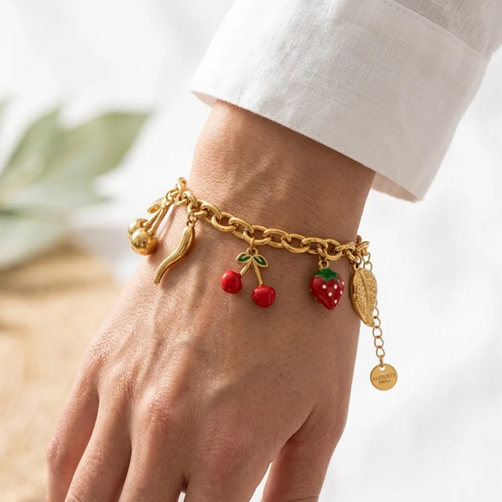Ciliegia, fragola, cornino, foglia-Bracciale in acciaio - BR-413-3302