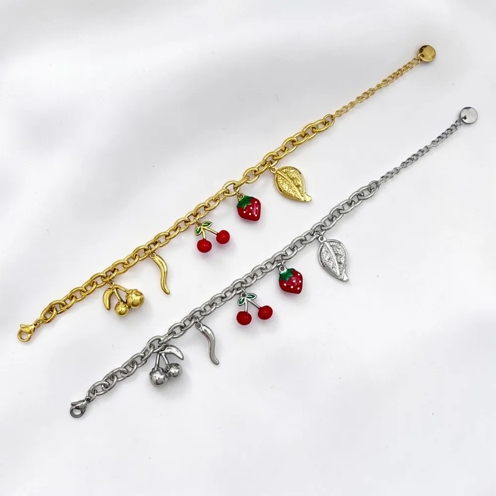 Ciliegia, fragola, cornino, foglia-Bracciale in acciaio - BR-413-3302