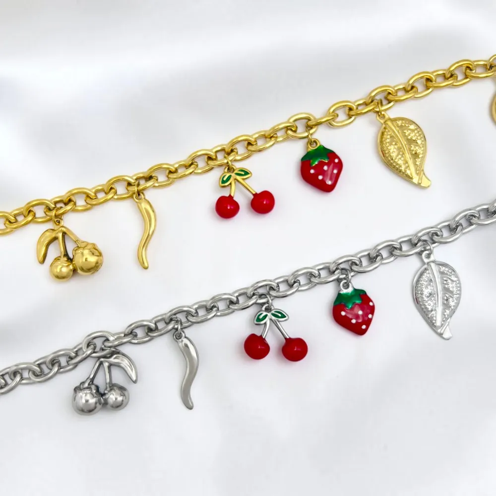 Ciliegia, fragola, cornino, foglia-Bracciale in acciaio - BR-413-3302