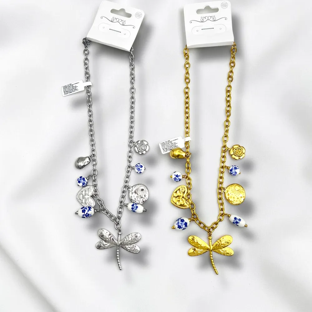 Libellula e ceramica-Collana corta in Acciaio - CL-413-3817