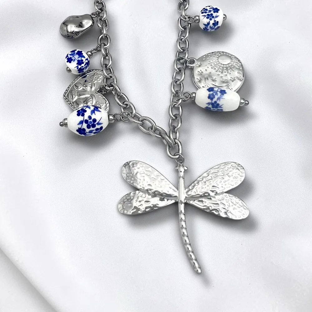 Libellula e ceramica-Collana corta in Acciaio - CL-413-3817
