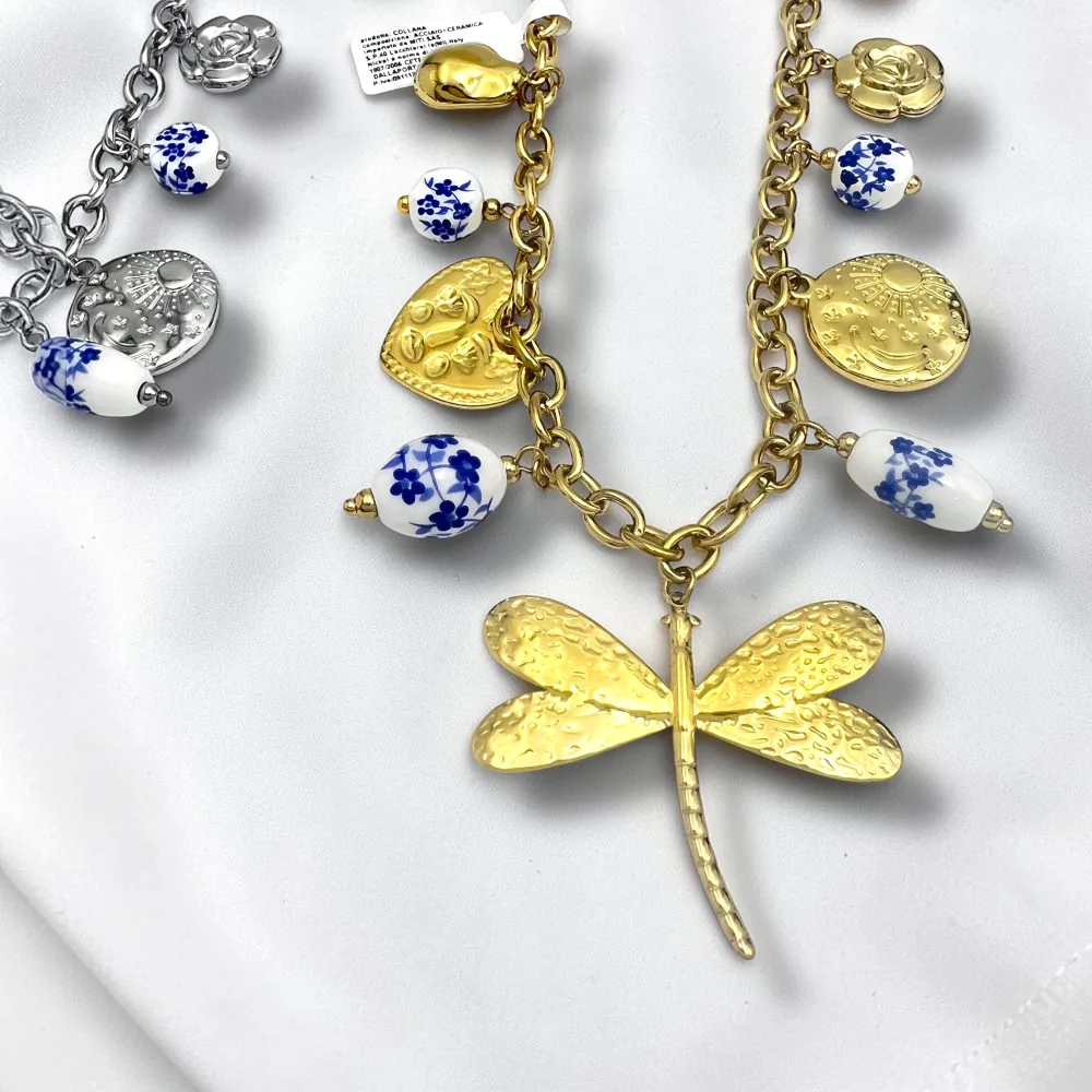 Libellula e ceramica-Collana corta in Acciaio - CL-413-3817