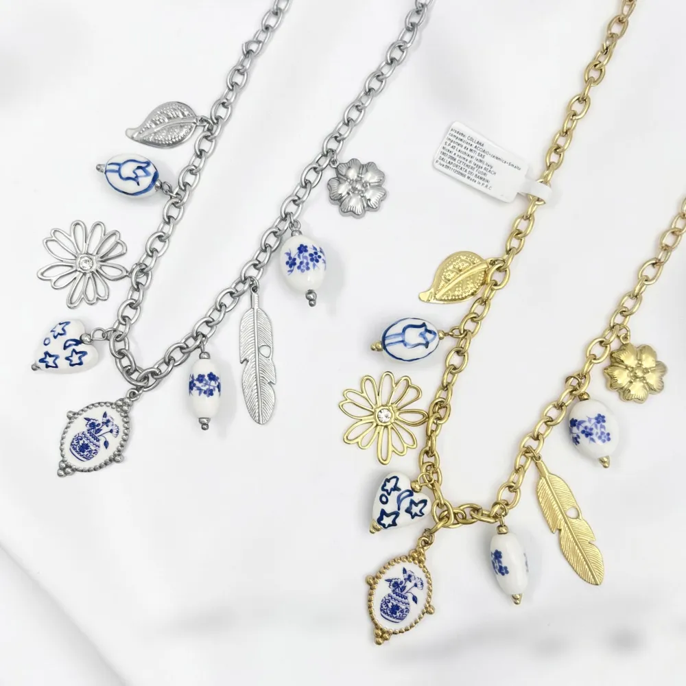 Ceramica e margherita-Collana corta in Acciaio - CL-413-3816