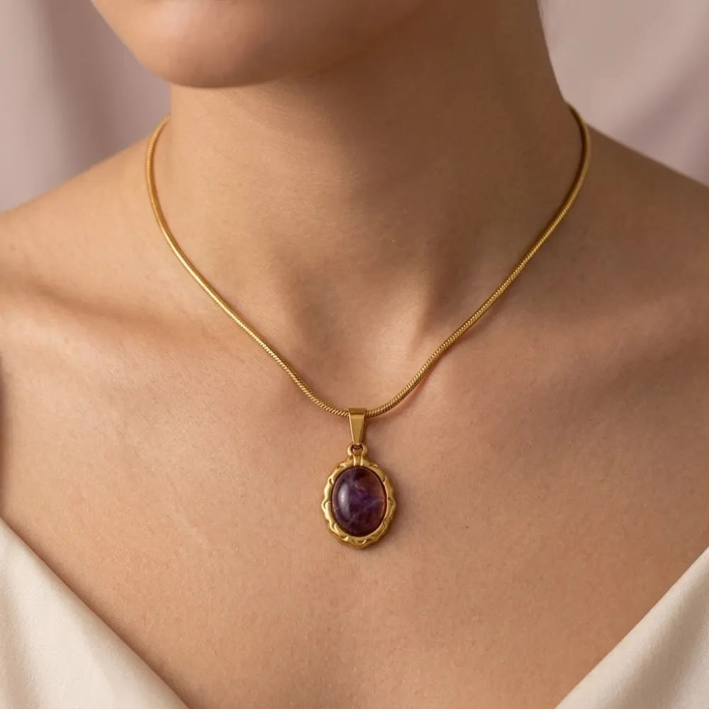 Pietra ovale-Collana corta in Acciaio - CL-413-3859