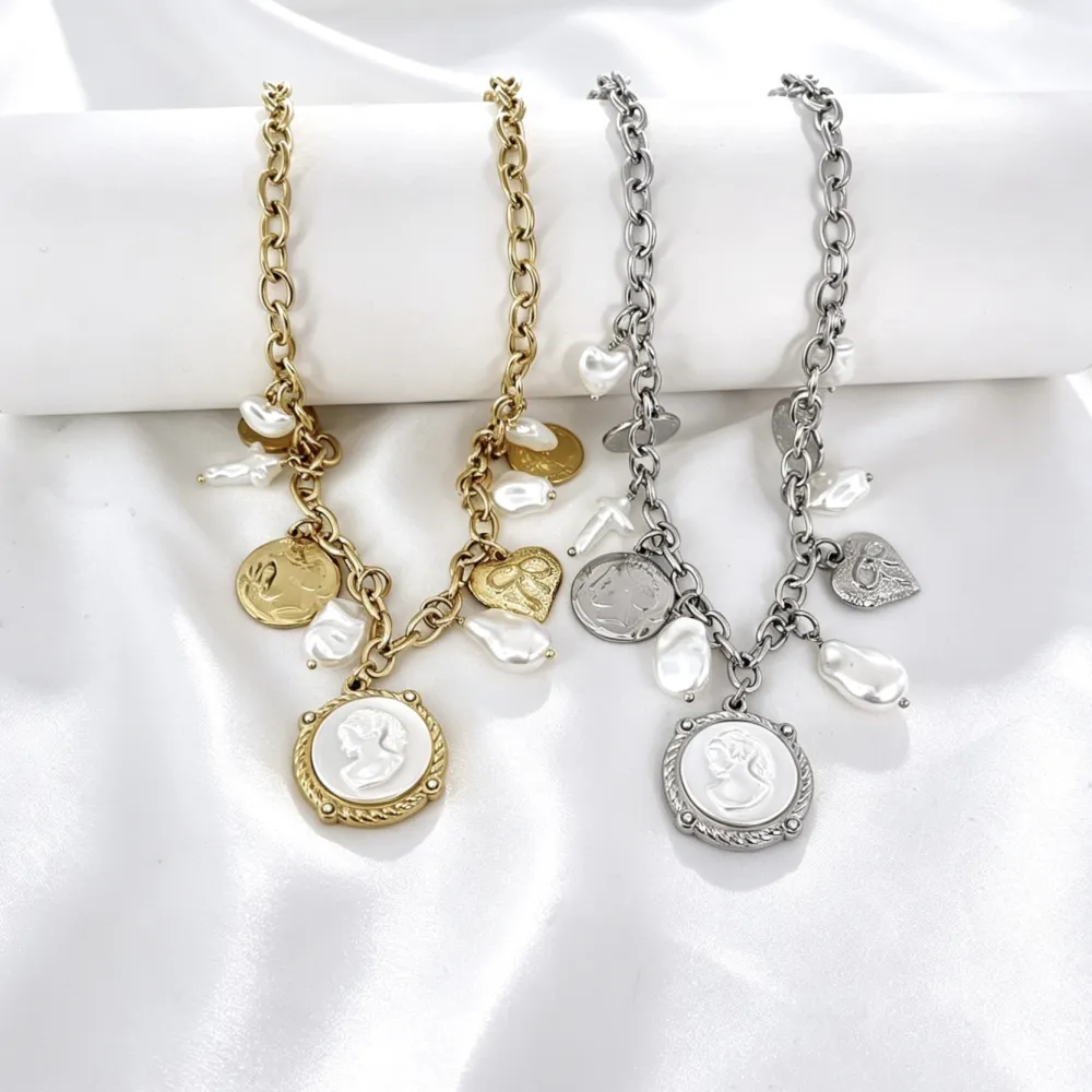 Dama, perla, moneta -Collana corta in Acciaio - CL-794-98