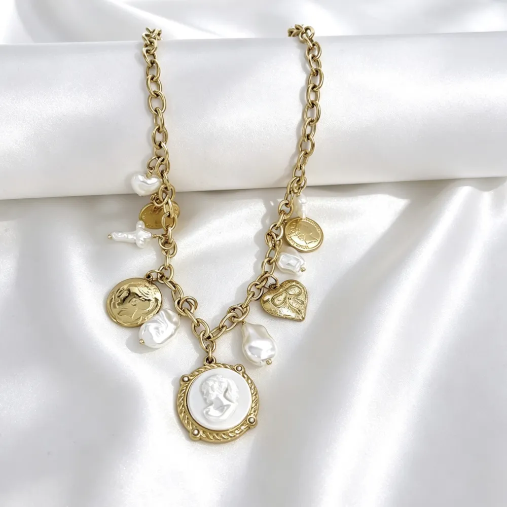 Dama, perla, moneta -Collana corta in Acciaio - CL-794-98