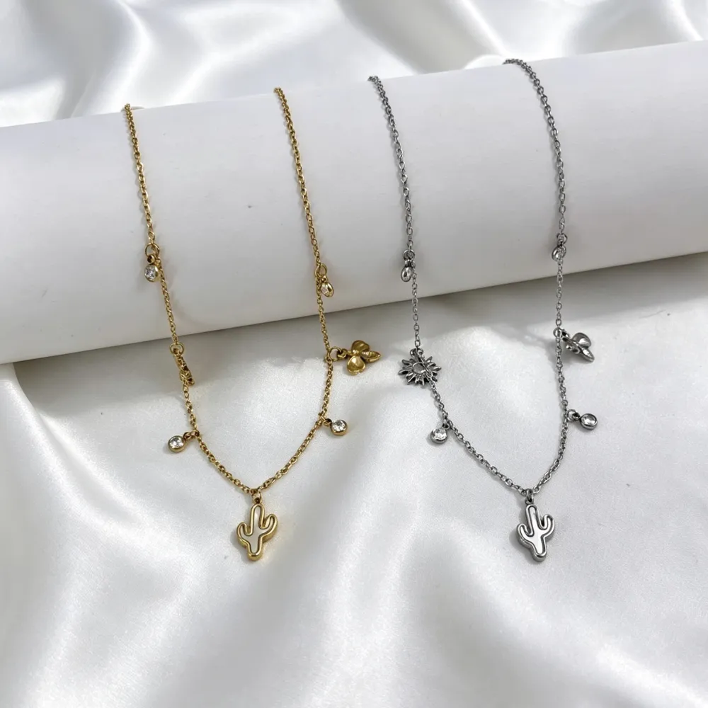 Cactus e punto luce-Collana corta in Acciaio - CL-413-3778