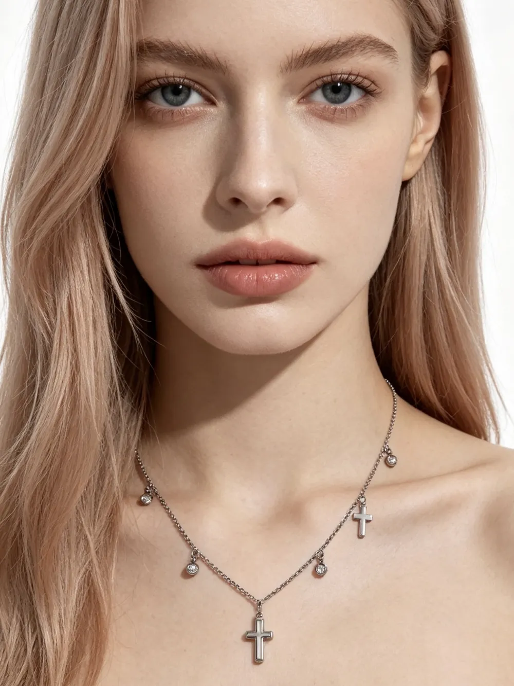 Croce e punto luce-Collana corta in Acciaio - CL-413-3779