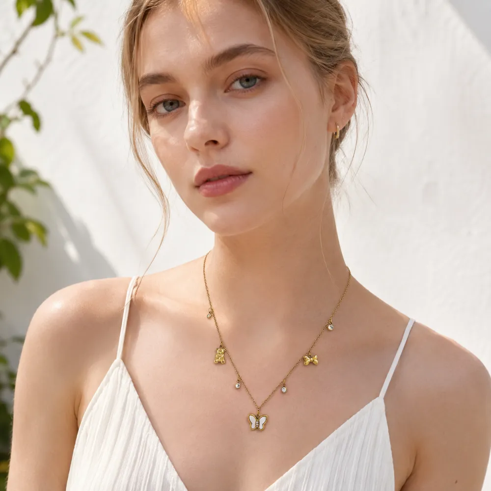 Farfalla, orso, fiocco-Collana corta in Acciaio - CL-413-3777