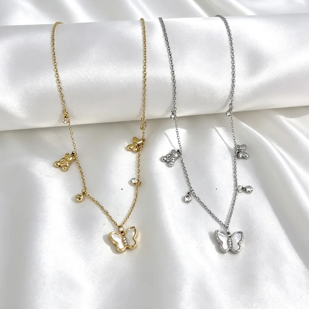 Farfalla, orso, fiocco-Collana corta in Acciaio - CL-413-3777