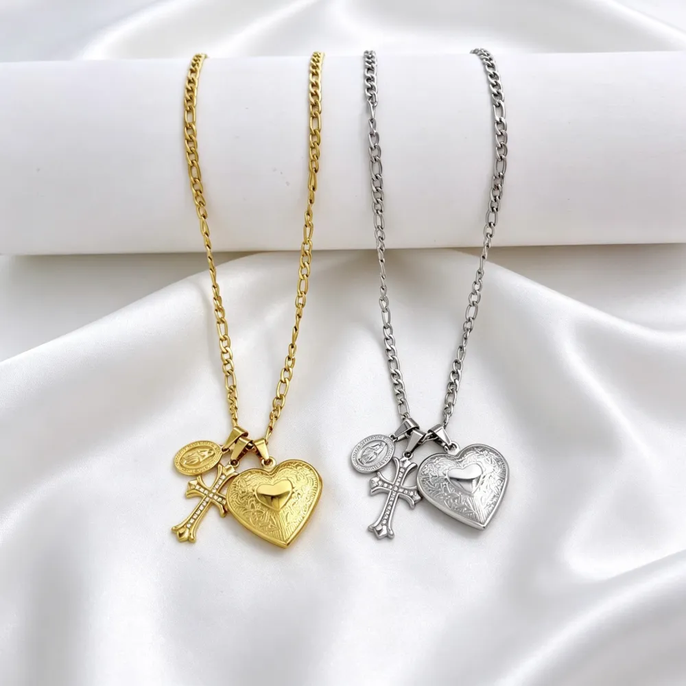 Cuore, croce-Collana Corta in Acciaio - CL-103-AA7349N/45+5cm