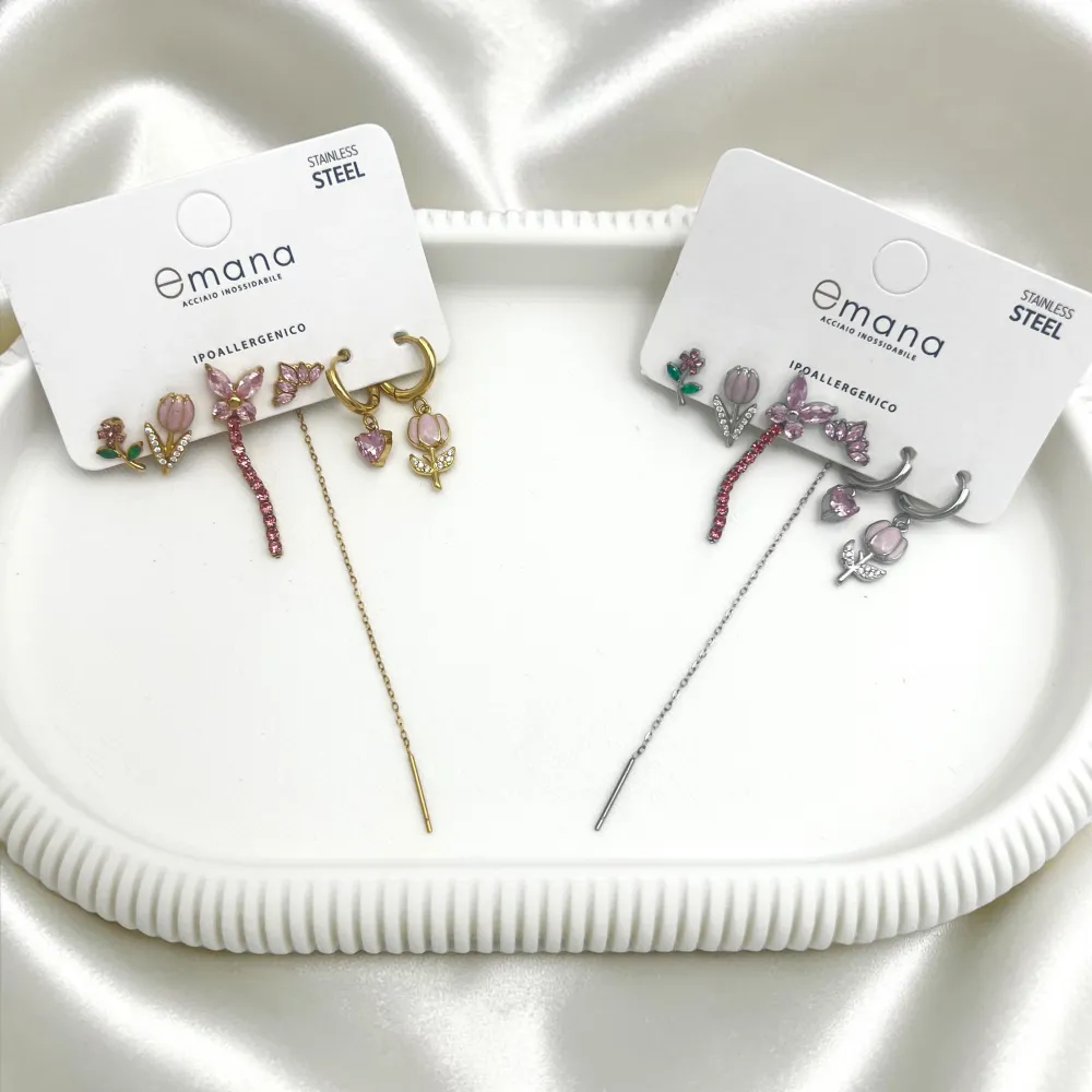 Tulipano, farfalla-Set 6pz Orecchini in Acciaio e Zirconia - OR-103-AA7172E