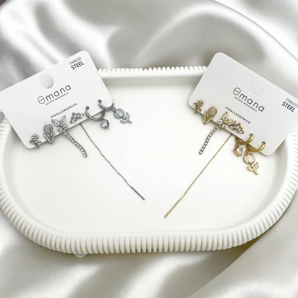 Tulipano, farfalla-Set 6pz Orecchini in Acciaio e Zirconia - OR-103-AA7172E