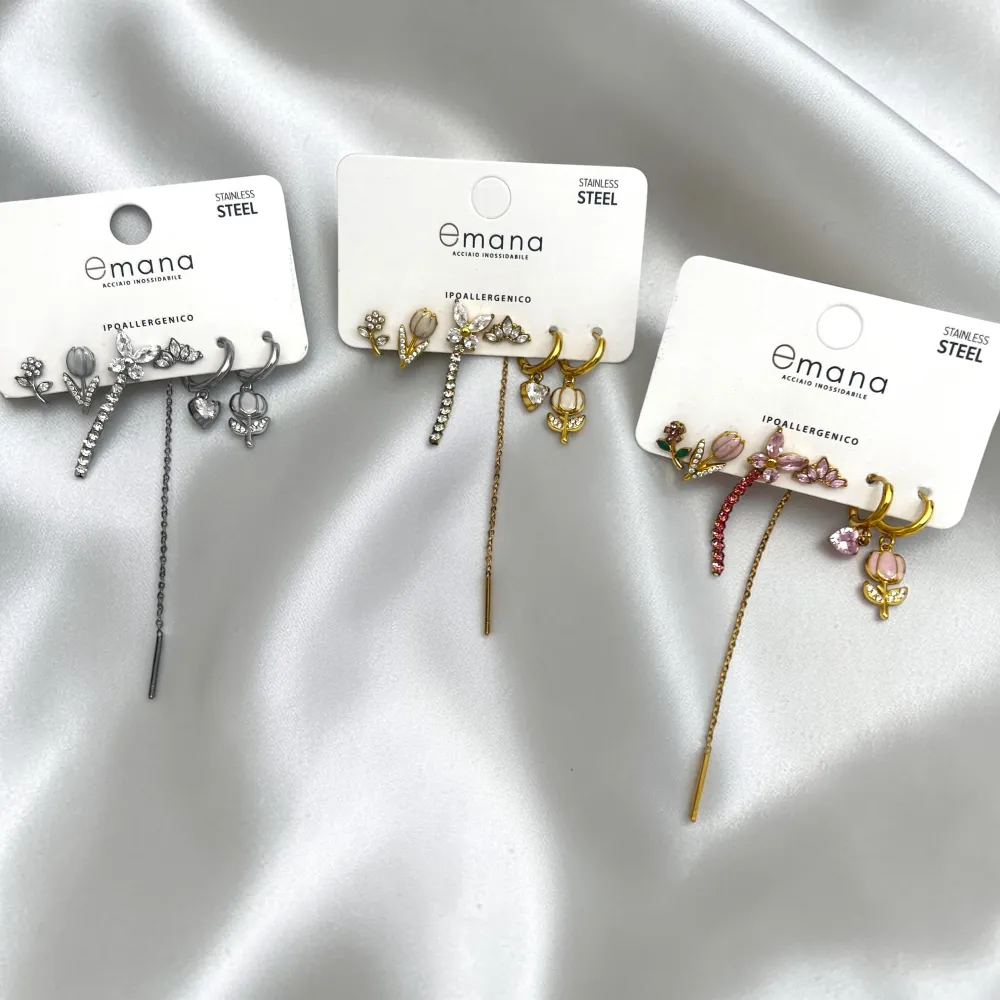 Tulipano, farfalla-Set 6pz Orecchini in Acciaio e Zirconia - OR-103-AA7172E