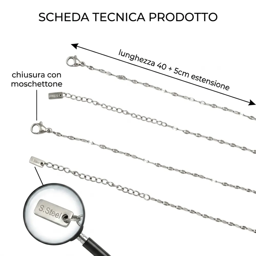 Catena semplice 40+5cm- Collana corta in Acciaio (Confezione da 6pz) - CO-413-600 (40+5cm)