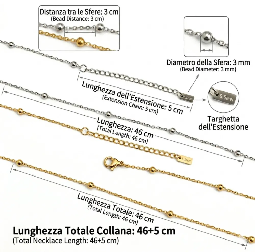 Catena con palline- Collana corta in Acciaio (Confezione da 6pz) - CO-413-3400 (45+5cm)