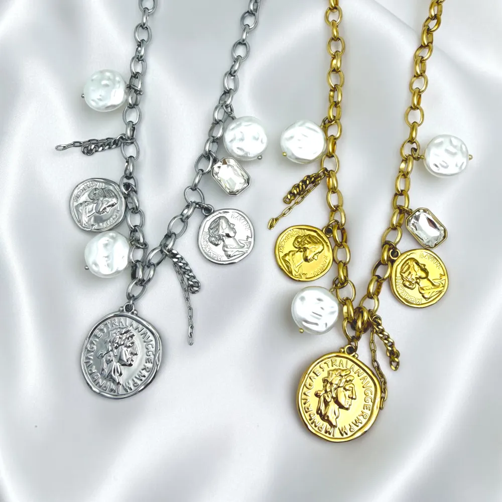 Moneta E Perla-Collana Corta in Acciaio - CAC-794-130