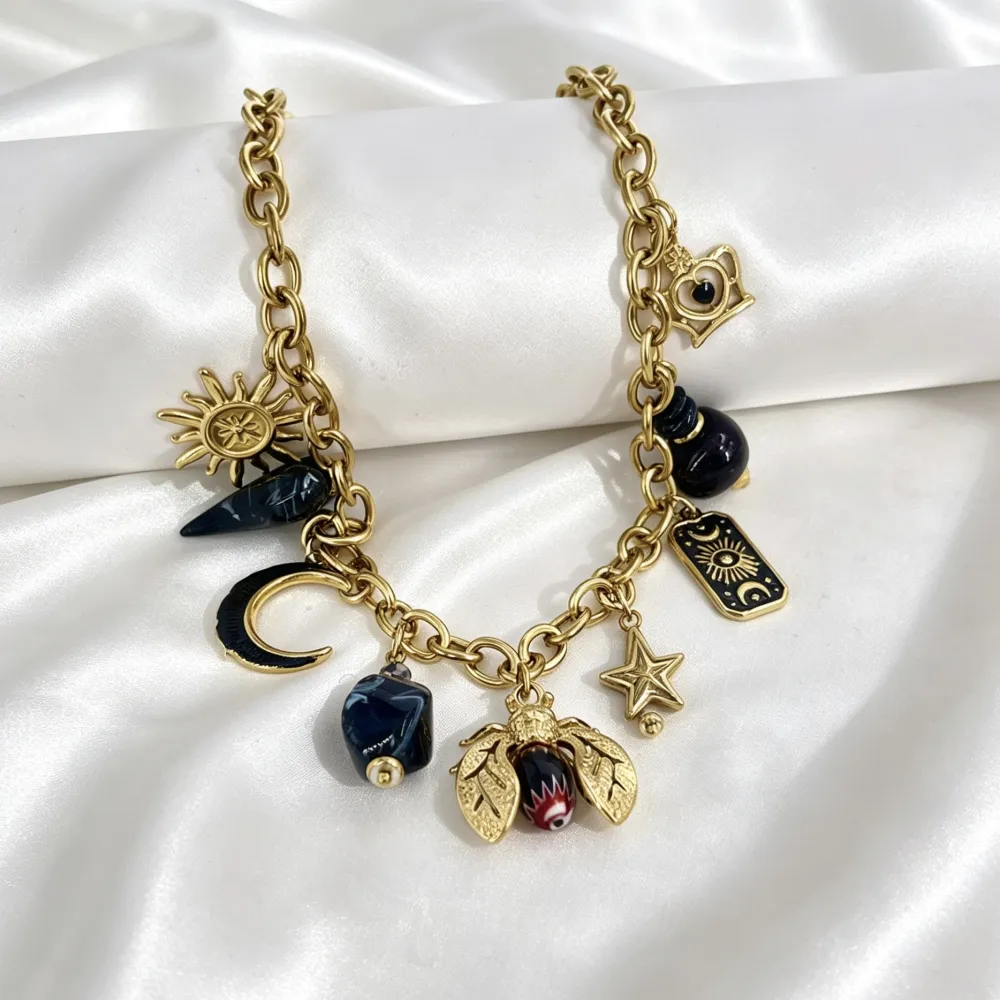 Ape, Luna, Cuore, Sole, Pietre-Collana Corta Moda in Acciaio - CAC-732-693