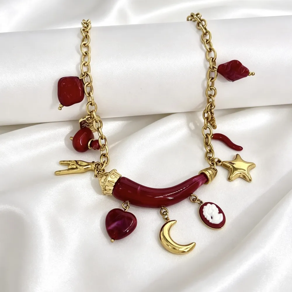 Corno Con Pendenti-Collana Corta Moda in Acciaio - CAC-732-725