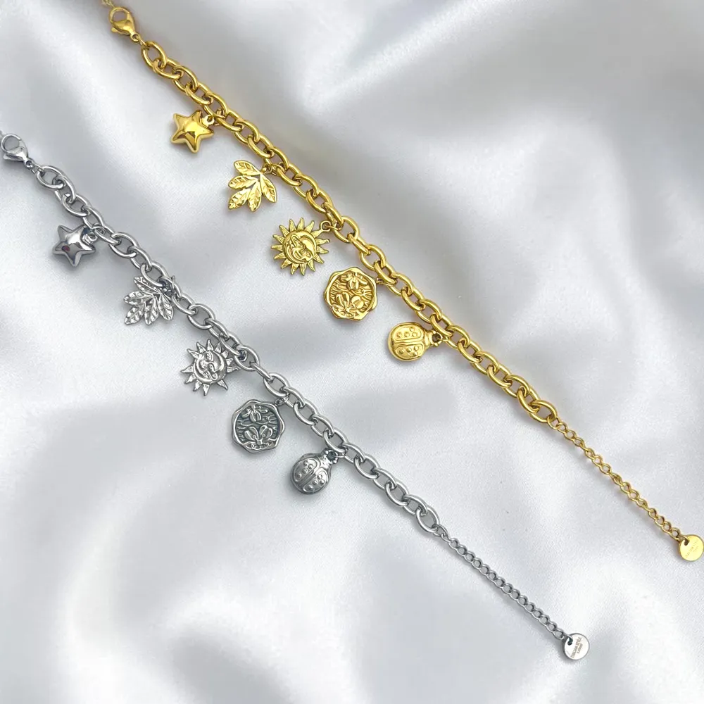 Sole, Fiori, stella, coccinella, foglia-Bracciale in acciaio - BR-413-3298