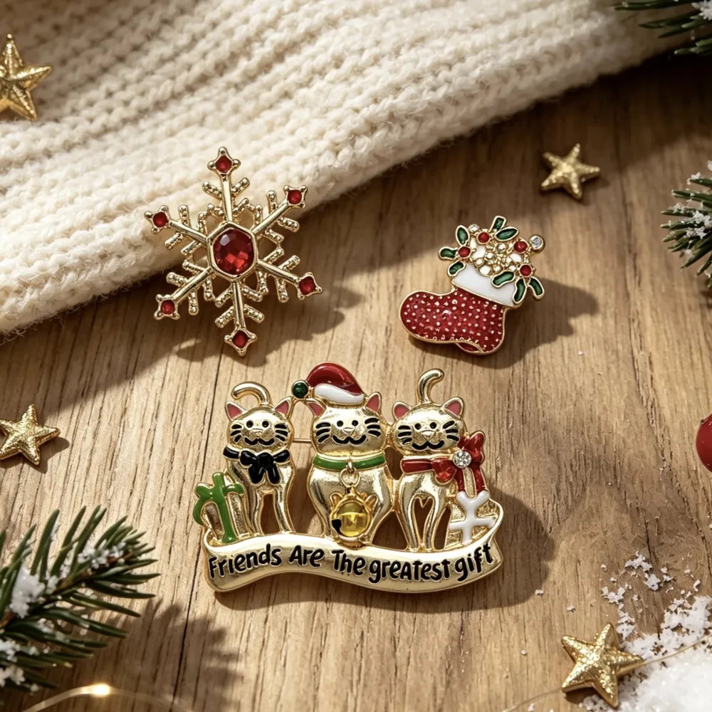 Tre Gatti, Fiocco di Neve, Calzone-Set 3pz Spille di Natale - SPM-781-33