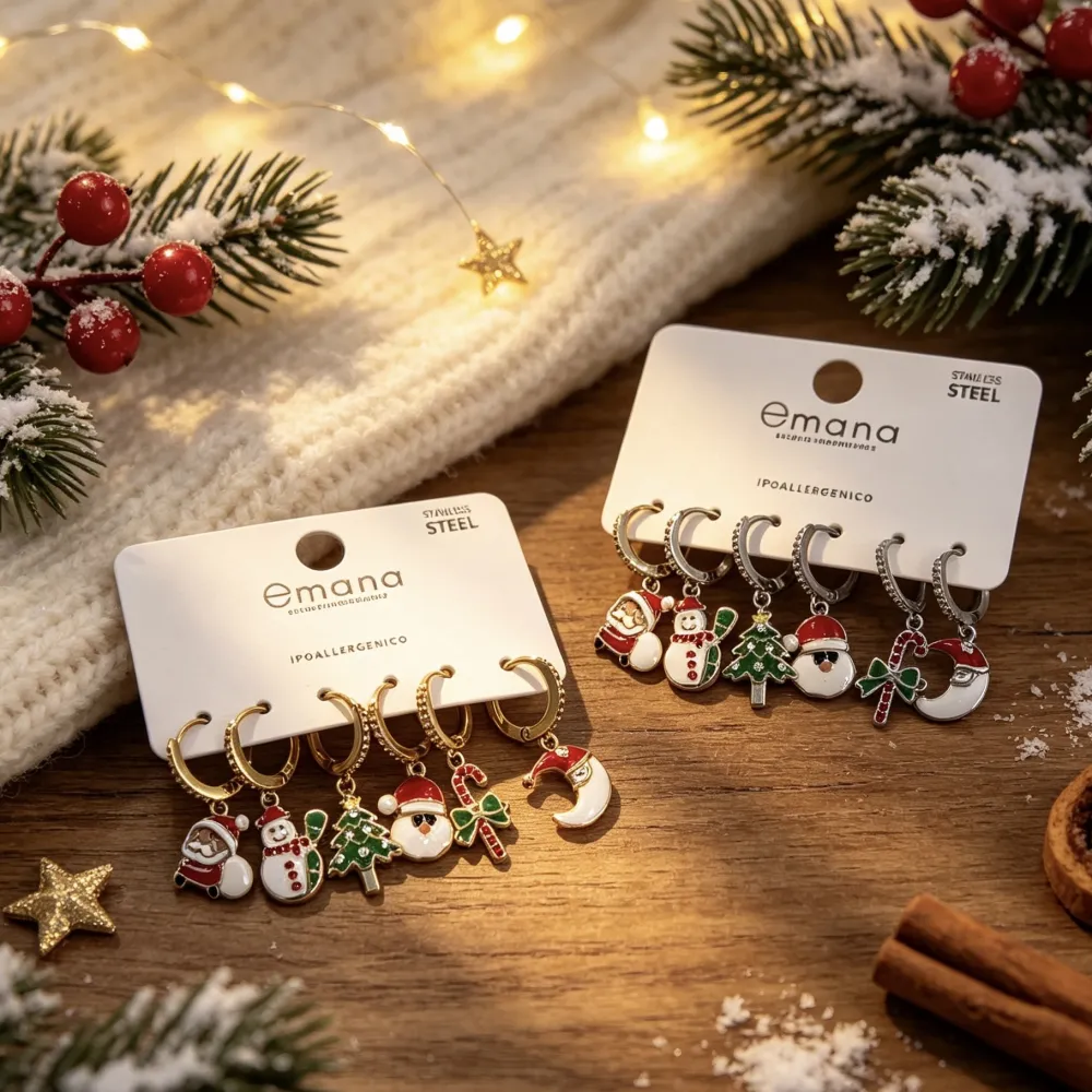 Babbo Natale, Pupazzo di Neve, Albero di Natale-Set 6pz Orecchini in Acciaio e Zirconia - OR-103-AA7347E