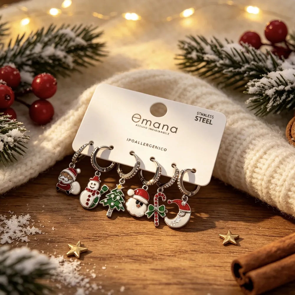 Babbo Natale, Pupazzo di Neve, Albero di Natale-Set 6pz Orecchini in Acciaio e Zirconia - OR-103-AA7347E