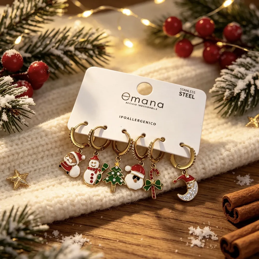 Babbo Natale, Pupazzo di Neve, Albero di Natale-Set 6pz Orecchini in Acciaio e Zirconia - OR-103-AA7347E