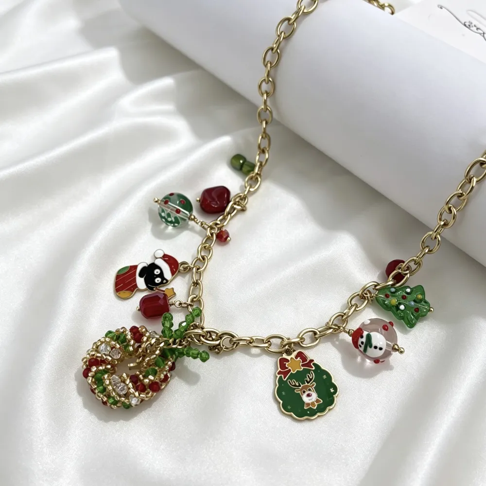 Ghirlanda di Cristalli, Gatto Natalizio e Renna-Collana Corta Moda in Acciaio - CAC-794-129