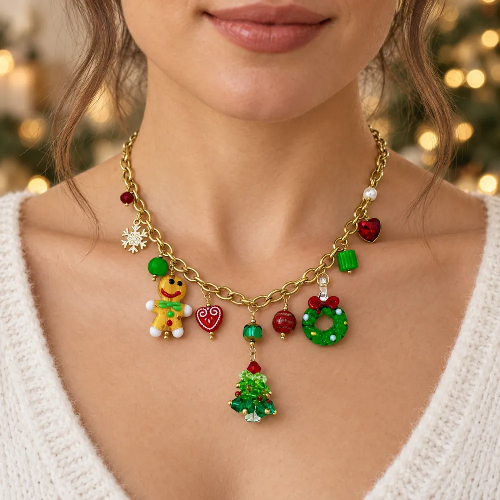 Omino di Pan di Zenzero, Albero e Ghirlanda-Collana Corta Moda in Acciaio - CAC-794-165