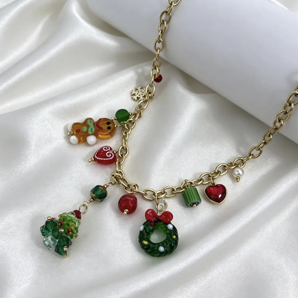 Omino di Pan di Zenzero, Albero e Ghirlanda-Collana Corta Moda in Acciaio - CAC-794-165
