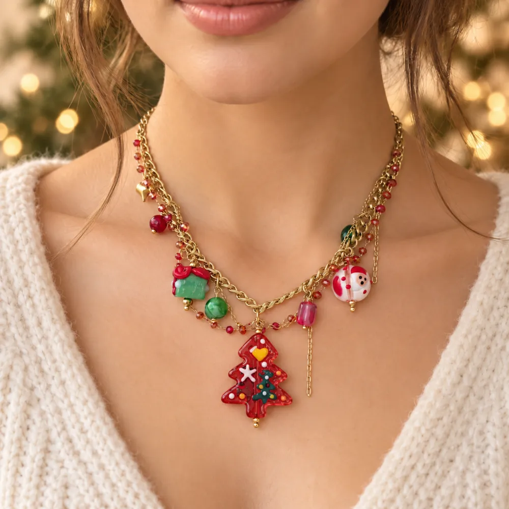 Albero di Natale Rosso-Collana Corta Moda in Acciaio - CAC-794-167