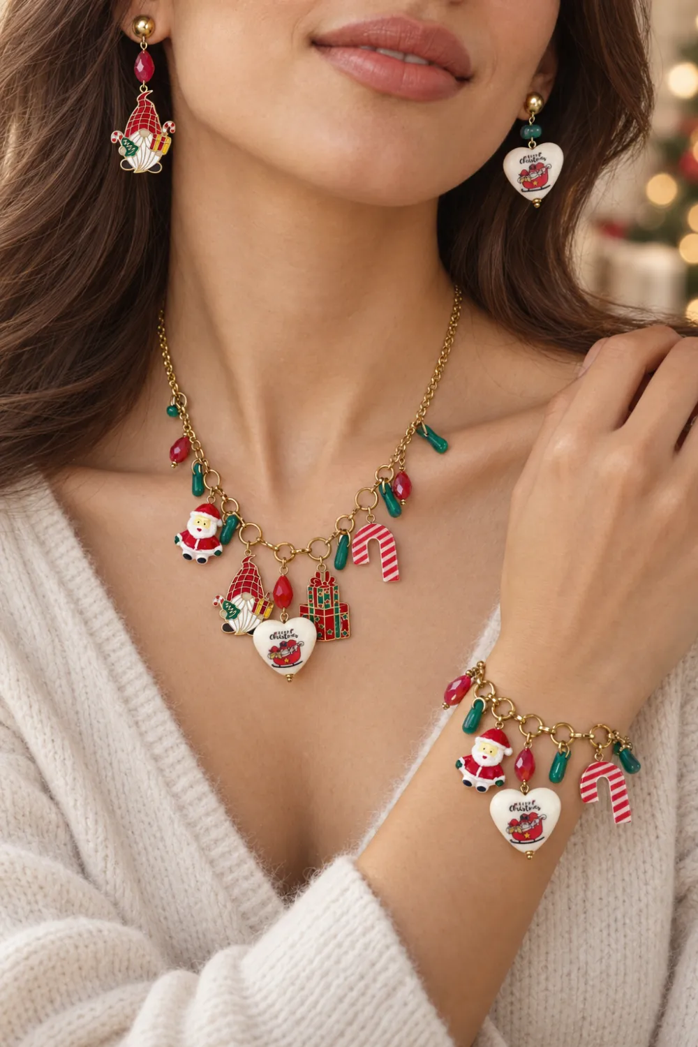 Babbo Natale, Bastoncino Zucchero e Cuore "Happy Christmas"-Collana Corta Moda in Acciaio - CAC-732-697