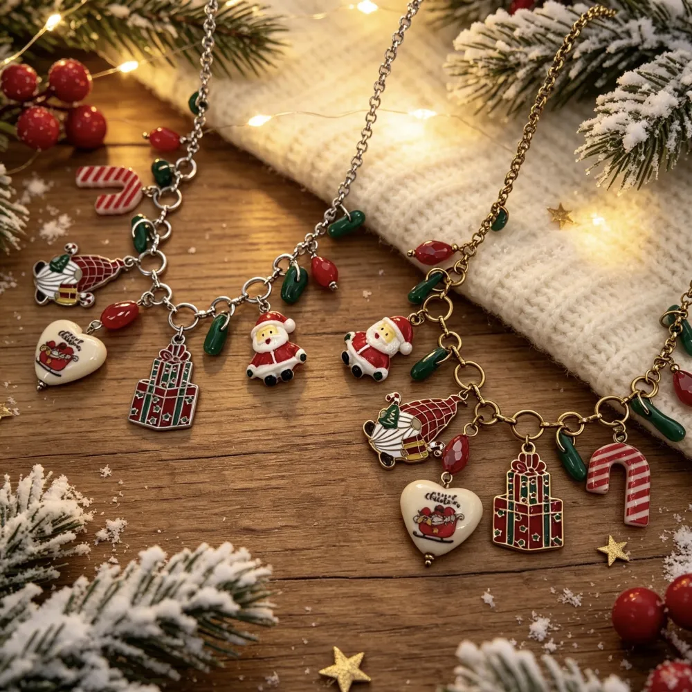 Babbo Natale, Bastoncino Zucchero e Cuore "Happy Christmas"-Collana Corta Moda in Acciaio - CAC-732-697