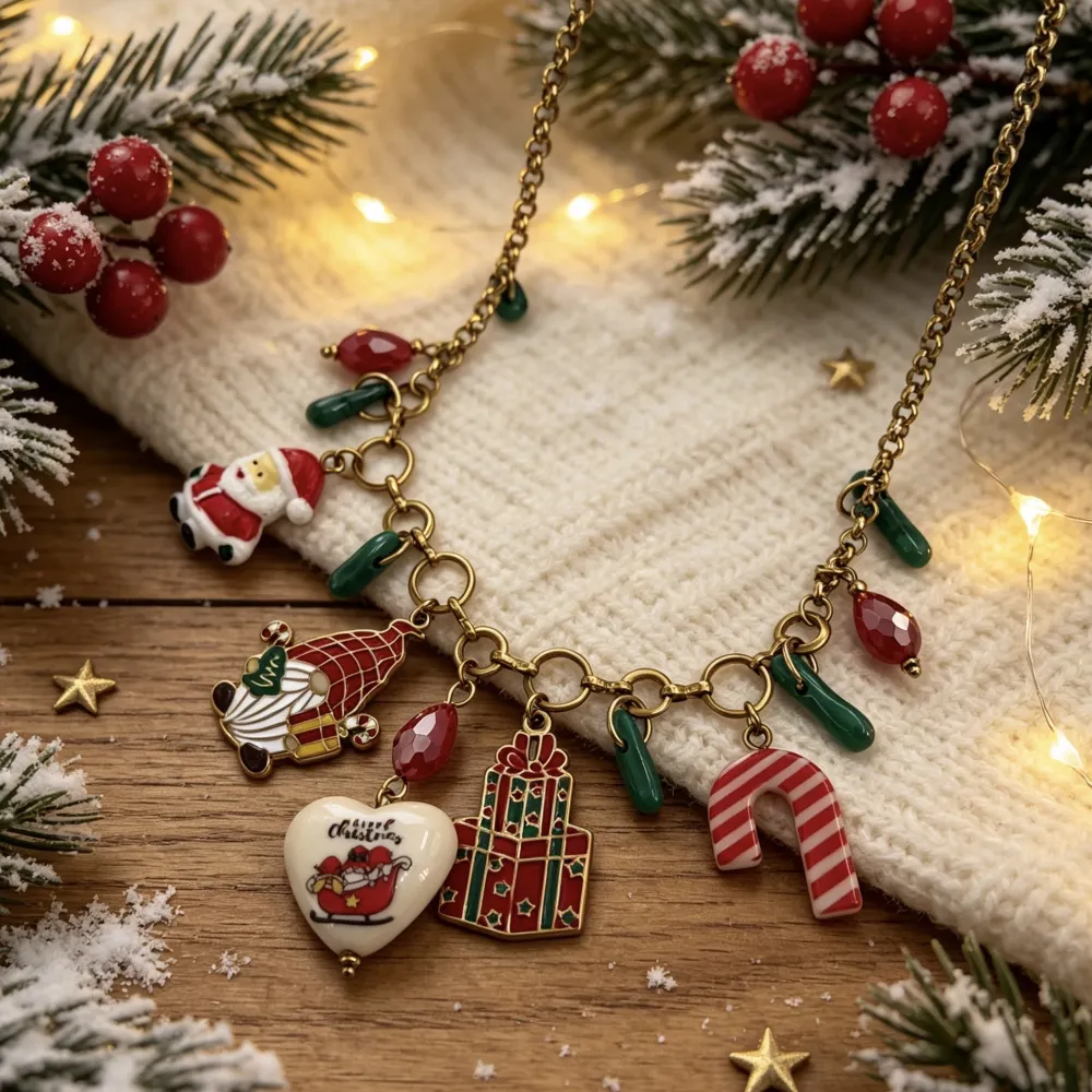 Babbo Natale, Bastoncino Zucchero e Cuore "Happy Christmas"-Collana Corta Moda in Acciaio - CAC-732-697