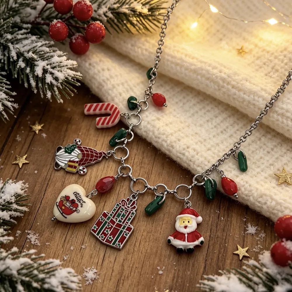 Babbo Natale, Bastoncino Zucchero e Cuore "Happy Christmas"-Collana Corta Moda in Acciaio - CAC-732-697
