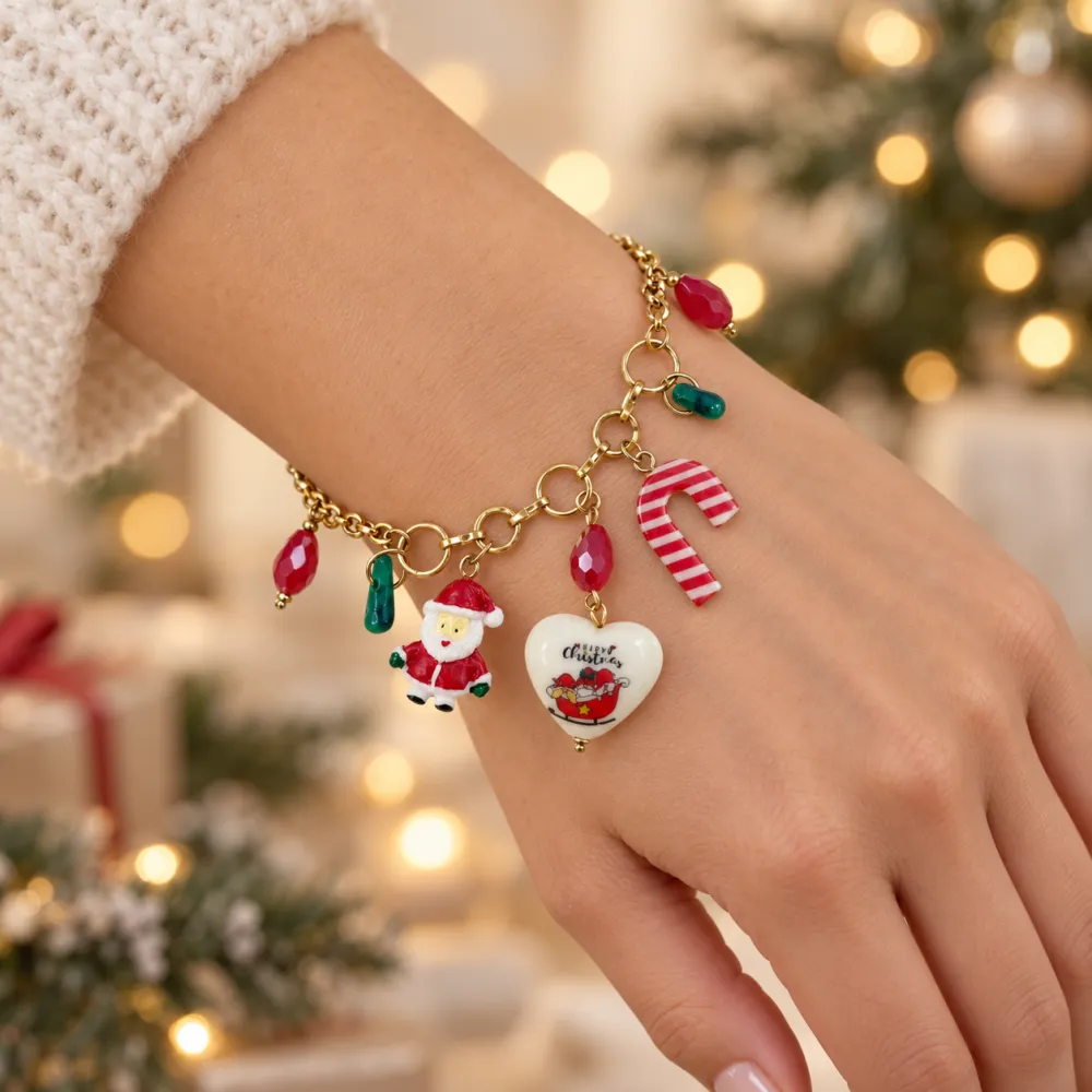 Babbo Natale, Bastoncino Zucchero e Cuore "Happy Christmas"-Bracciale in Acciaio - BR-732-707