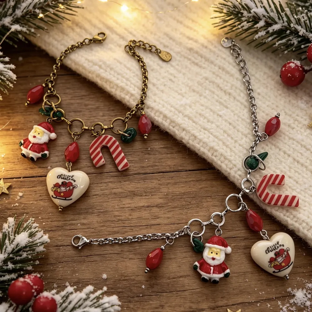 Babbo Natale, Bastoncino Zucchero e Cuore "Happy Christmas"-Bracciale in Acciaio - BR-732-707