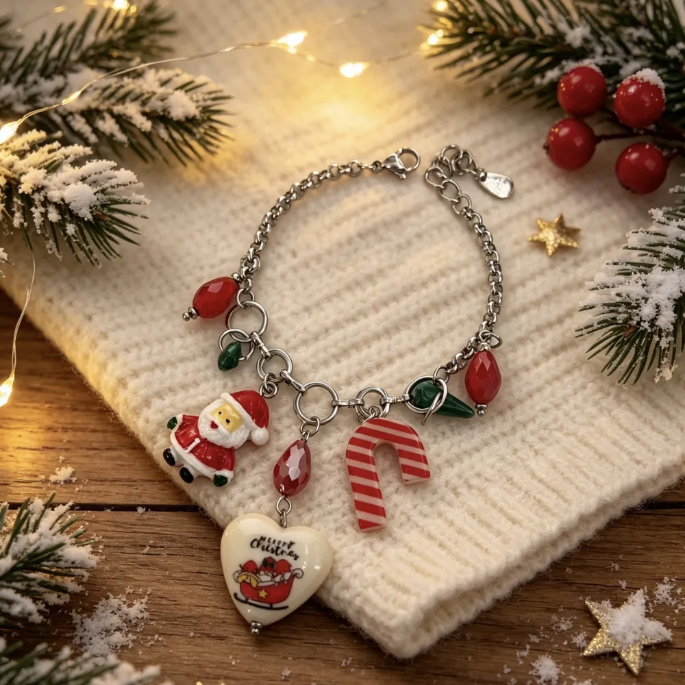 Babbo Natale, Bastoncino Zucchero e Cuore "Happy Christmas"-Bracciale in Acciaio - BR-732-707