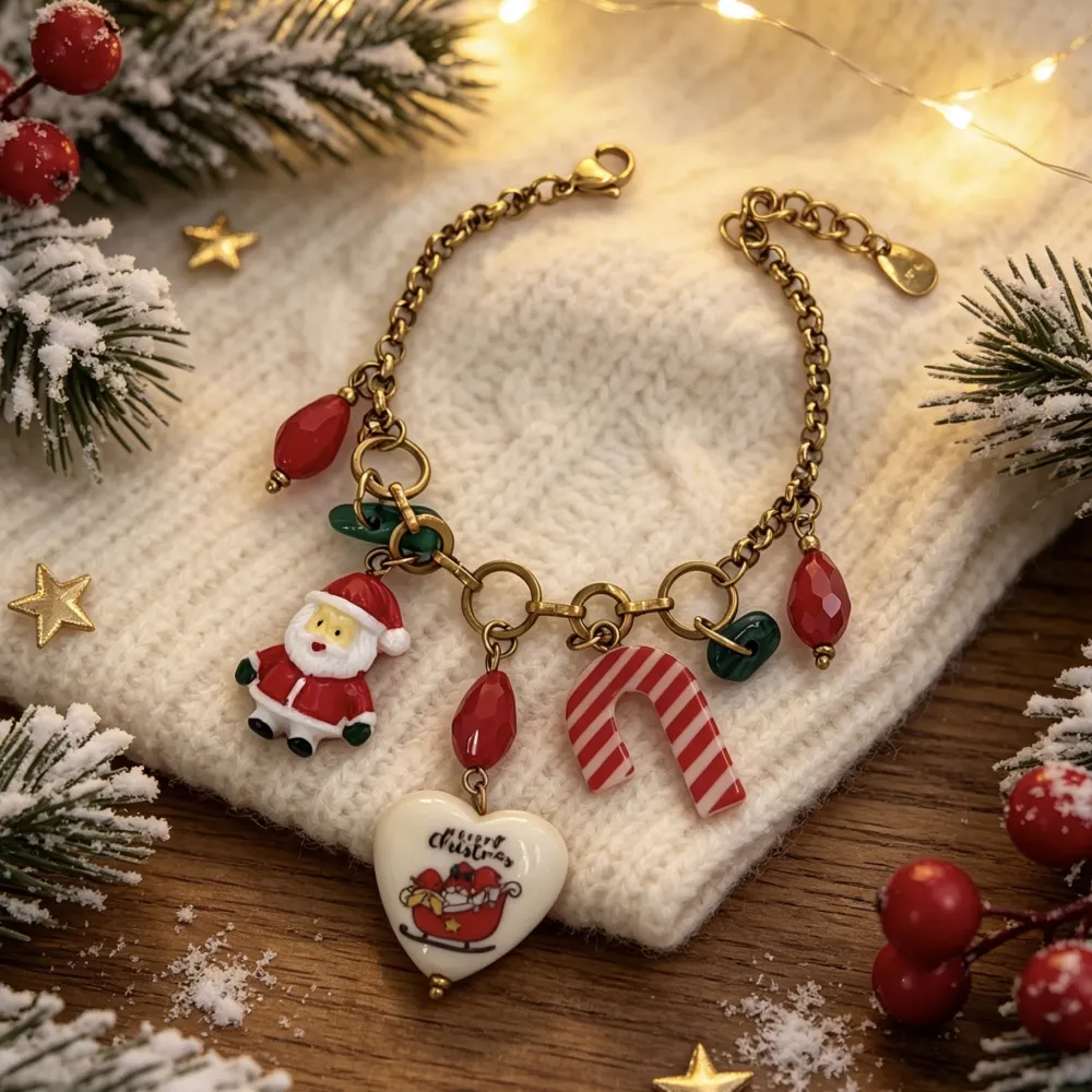 Babbo Natale, Bastoncino Zucchero e Cuore "Happy Christmas"-Bracciale in Acciaio - BR-732-707