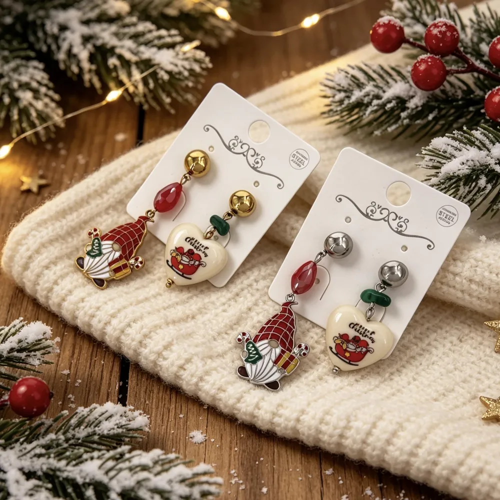 Gnomo e Cuore "Happy Christmas"-Orecchini in Acciaio - OR-732-698