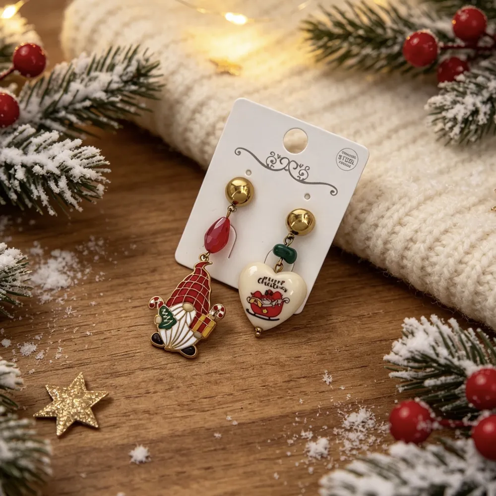 Gnomo e Cuore "Happy Christmas"-Orecchini in Acciaio - OR-732-698