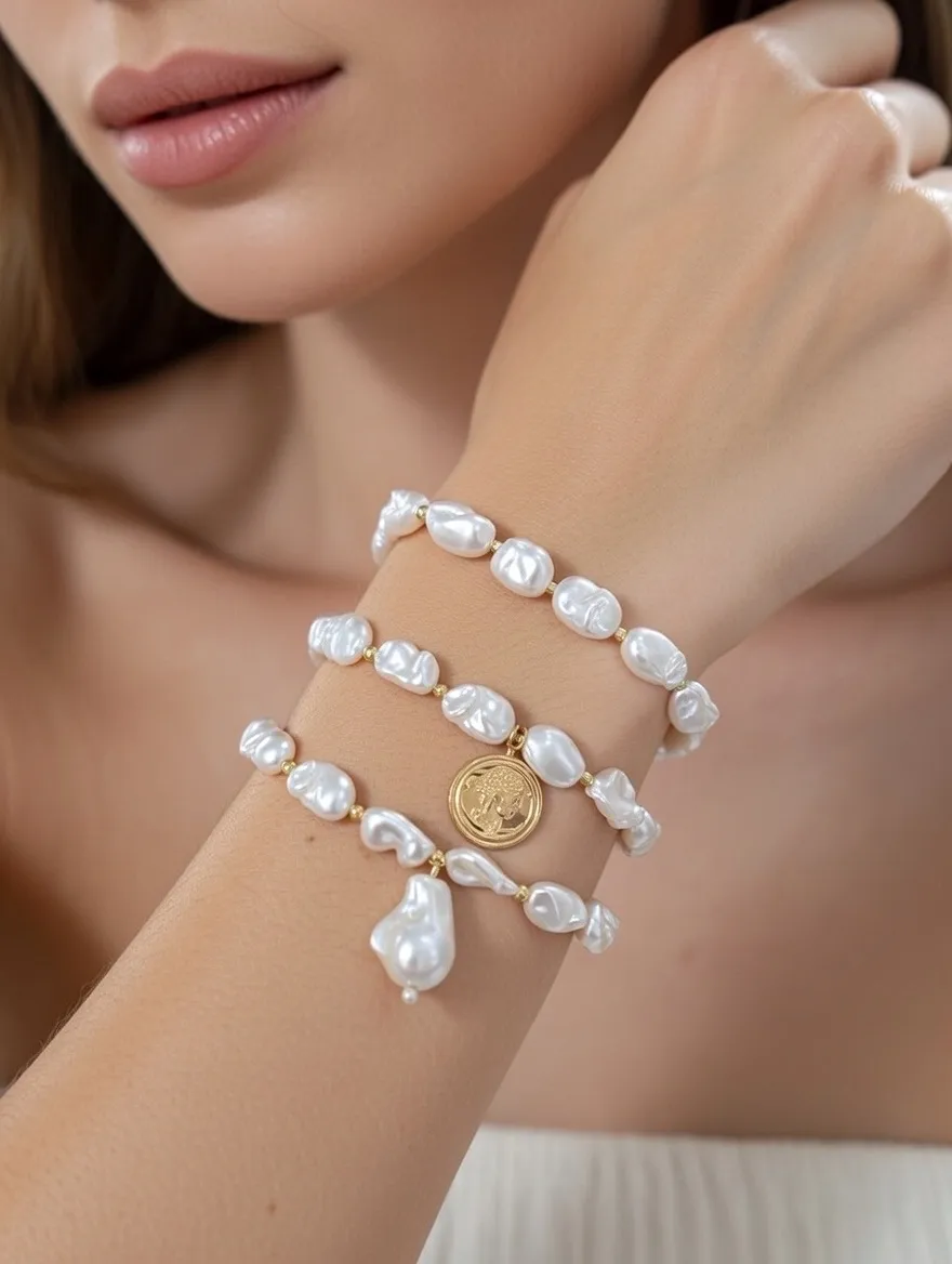 [BR-732-492] Set 3pz Moneta Regina Perla -Bracciale Elastico in Acciaio - BR-732-492